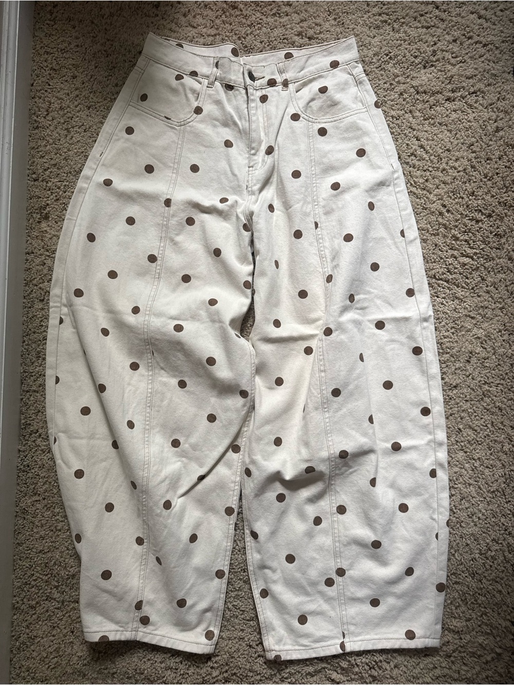 Polka Dot High-Waist Barrel Wide Leg Jeans - Cream with Brown Dots